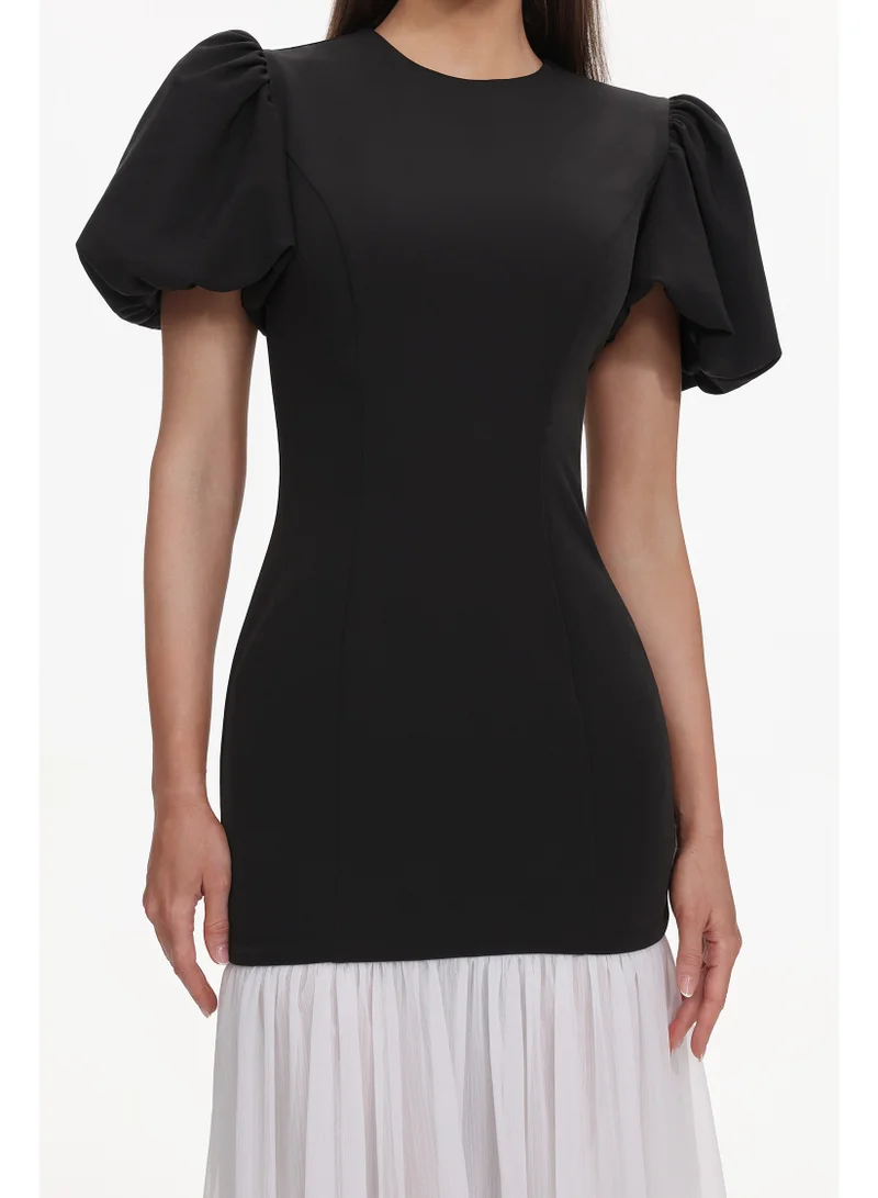 Bella Barnett  Spiral Classic Tailored Puff Sleeve Pleated Contrast Maxi Dress for Women | Best Price UAE